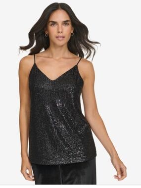 Calvin Klein Petite V-Neck Sleeveless Sequin Tank Top - Black SIZE PXS NWT